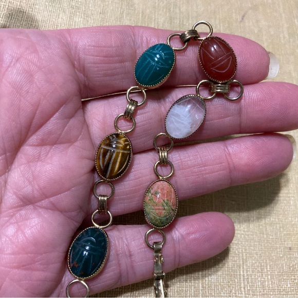 B.A. Ballou Vintage 1950's Vermeil 6 Oval Hardstone Scarab Link Bracelet 7" - Picture 2 of 14